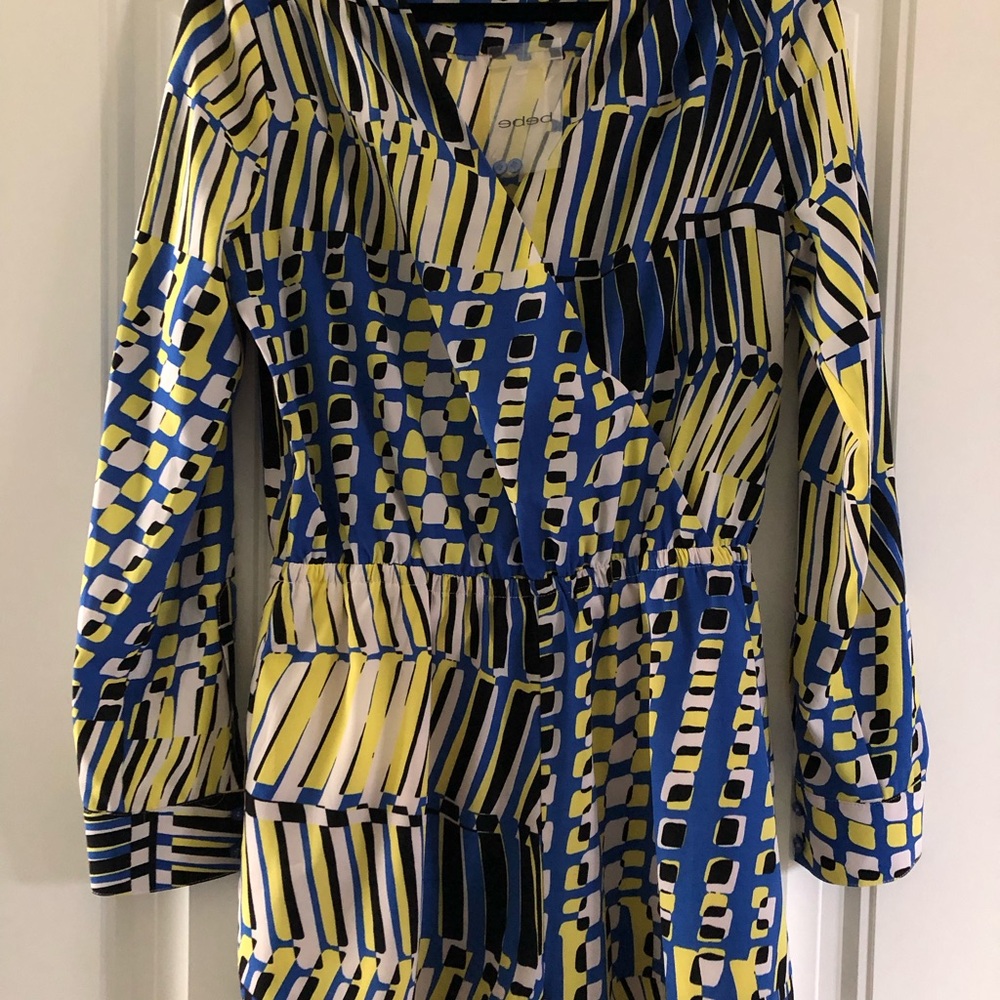 Bebe Blue and Yellow Abstract Romper
